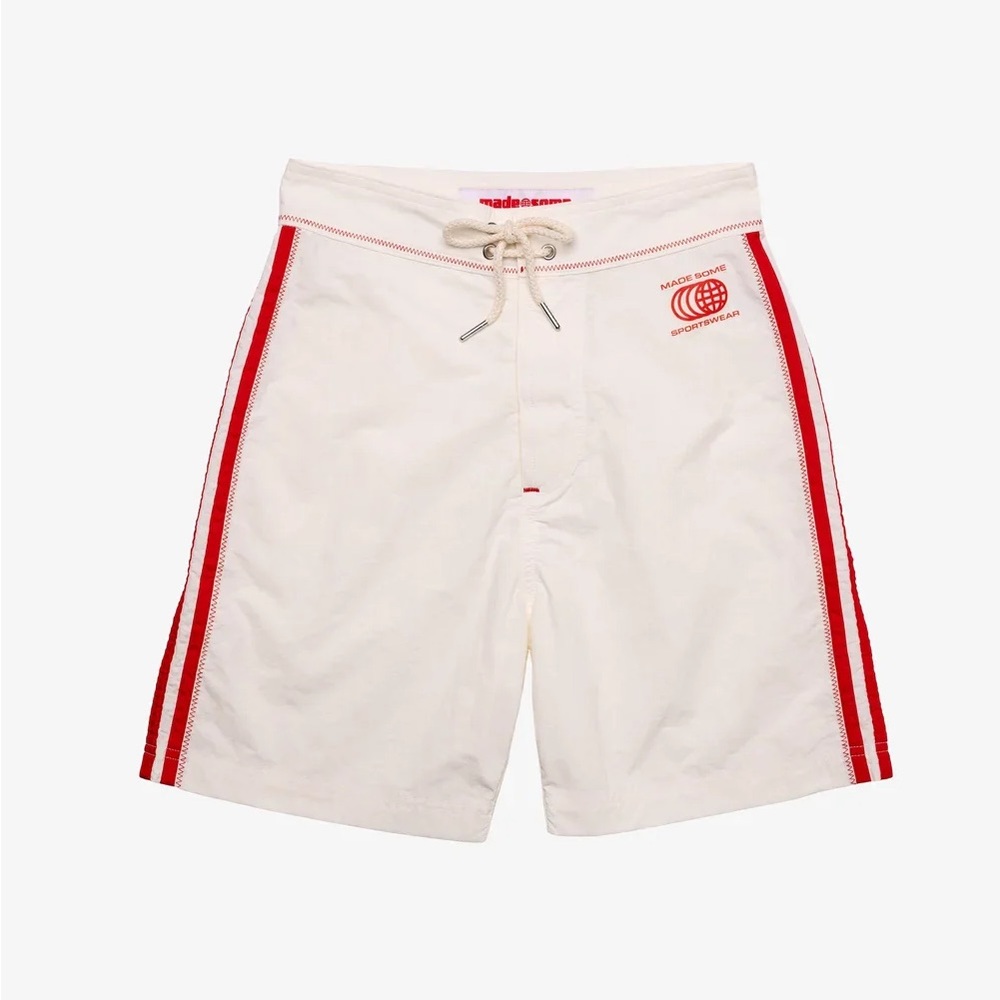 White Swim Shorts with Red Side Stripes